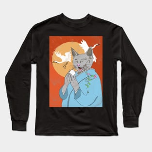 Happy Monk Cat Sake Long Sleeve T-Shirt